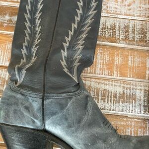 Blue Leather Cowboy Boots with Embroidered Shaft